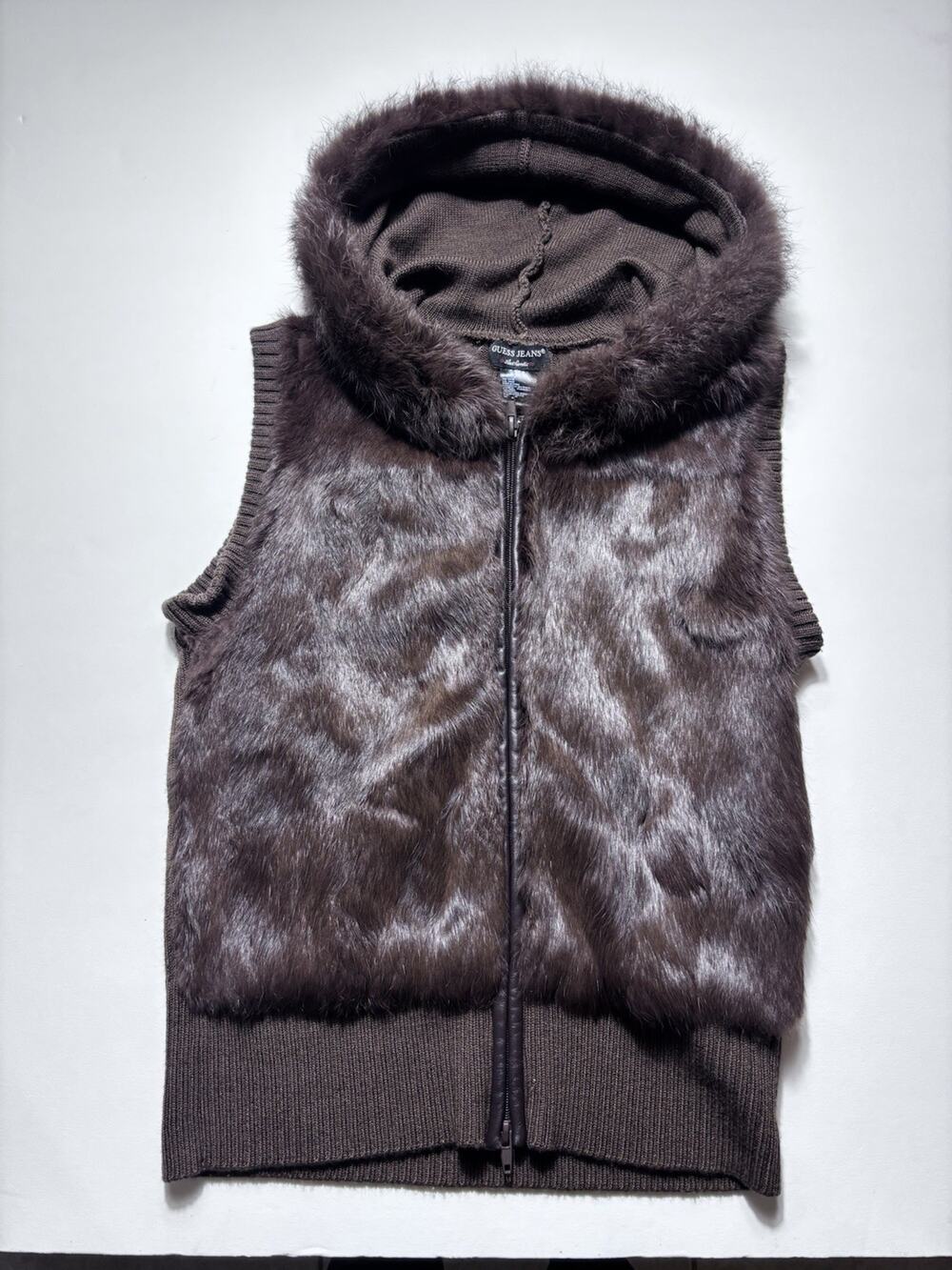 Women’s Y2K Guess Genuine Rabbit Fur Sweater Vest Size Medium Brown Fur